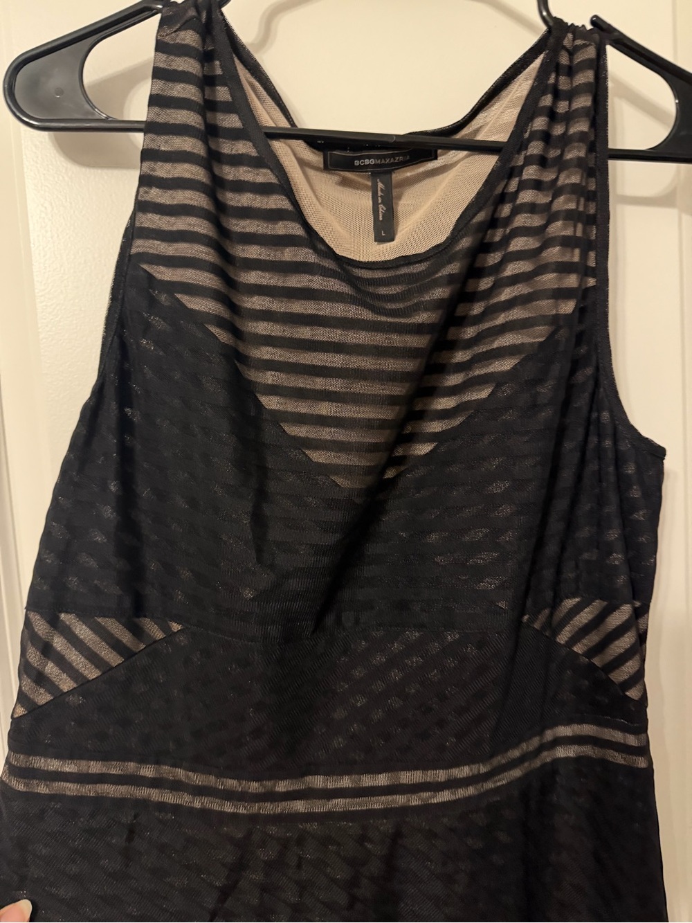 BCBGMaxAzria Black and Nude Striped Mesh Dress